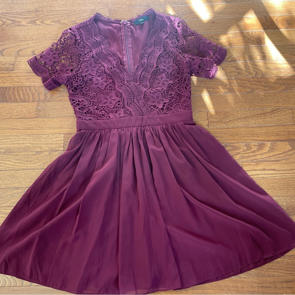 Lace Bodice Chiffon Skater Dress in Plum